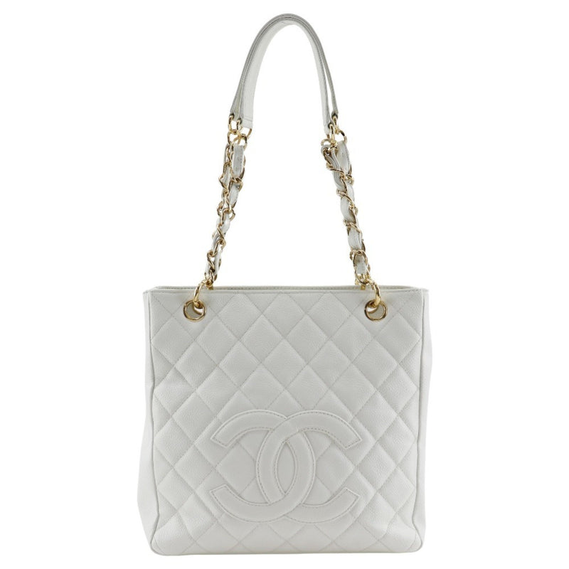 CHANEL PST Chain Tote Shoulder Bag Caviar Skin White A5 Snap Button Women's