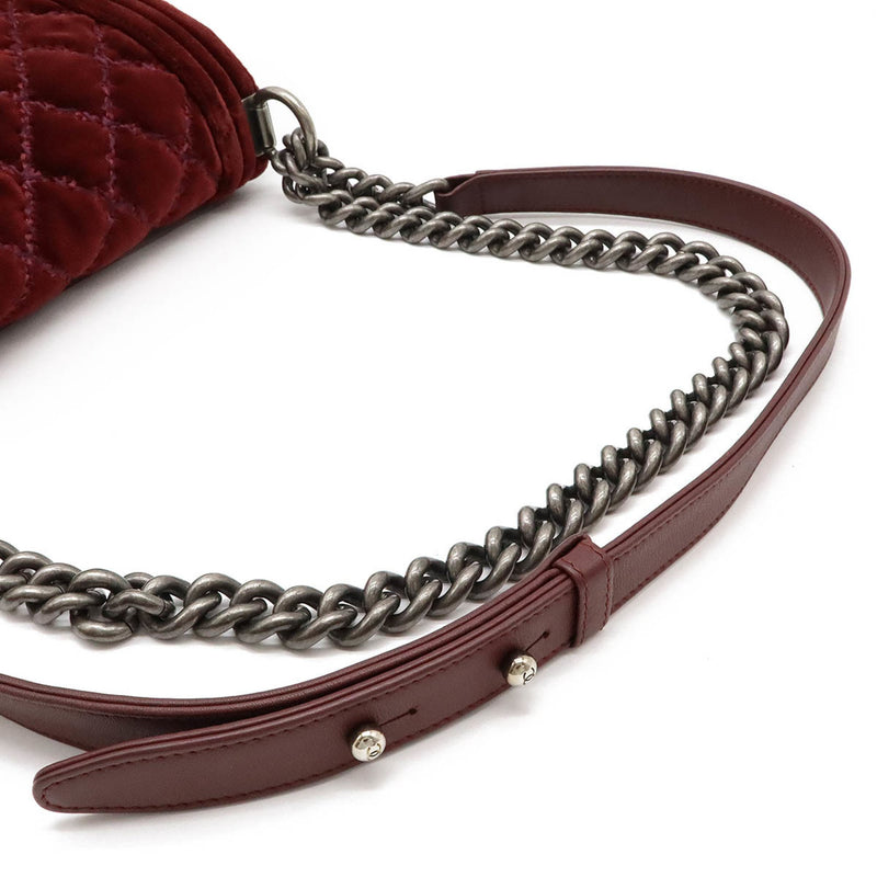 CHANEL Boy Chanel Matelasse Coco Mark Chain Shoulder Bag Velour Leather Wine Red