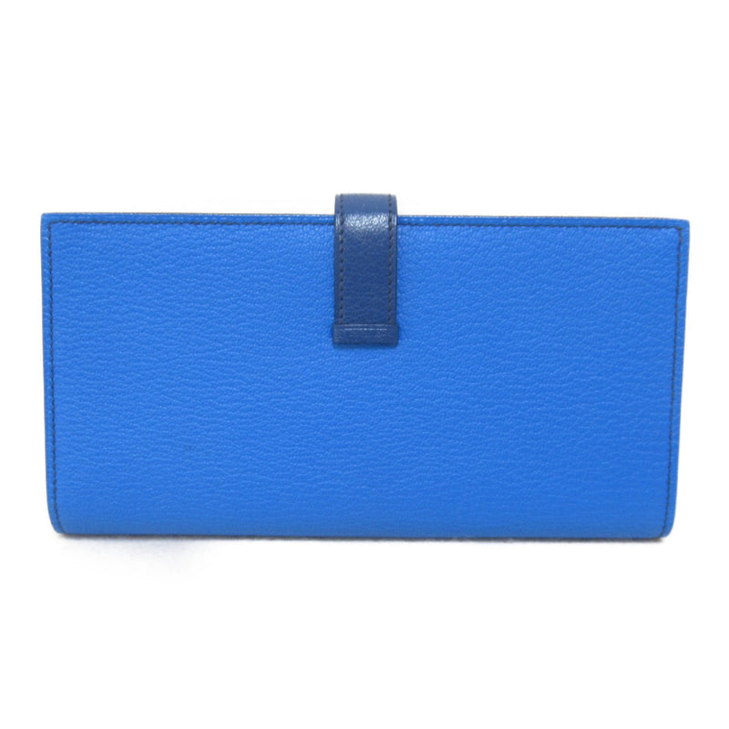 HERMES Bearn Souffle Bifold Long Wallet Blue Shave leather