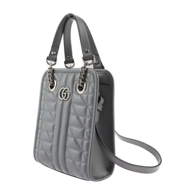 GUCCI GG Marmont Handbag 696123 Leather Gray Silver Hardware 2WAY Shoulder Bag Quilting