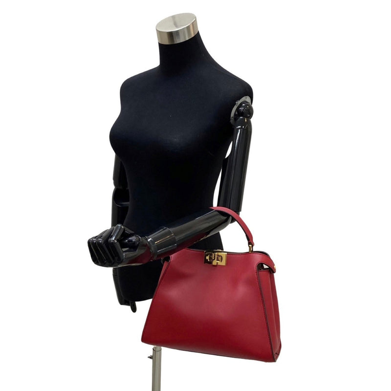 FENDI Peekaboo logo metal fittings leather genuine 2way mini shoulder bag handbag red 63410