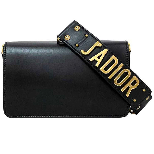 Christian Dior Clutch Bag Black Gold J'ADIOR Leather Handbag Flap Strap