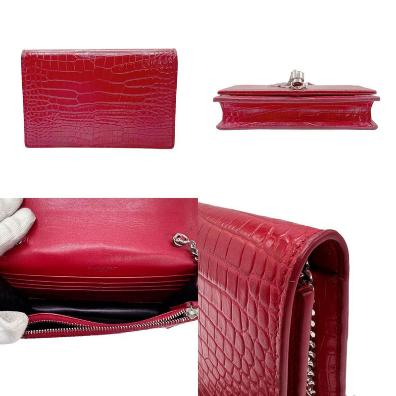 Saint Laurent SAINT LAURENT Chain Wallet Embossed Leather Red Women's 452159 z0846