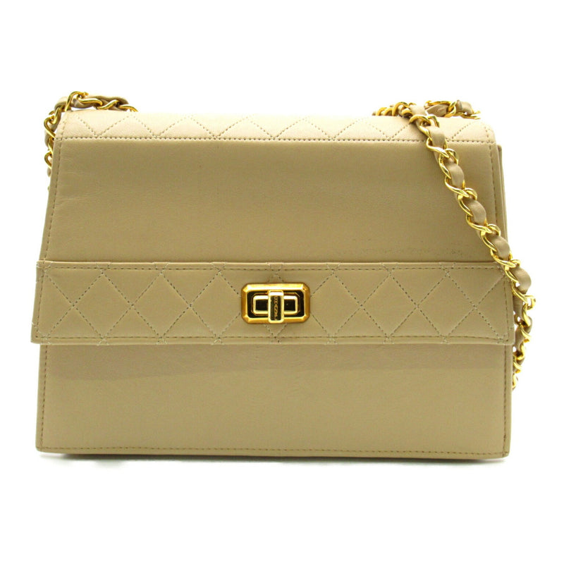 CHANEL Chain Shoulder Bag Leather Women's Beige