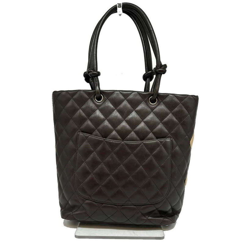 CHANEL Cambon Line Tote Bag Leather Nylon Dark Brown Beige