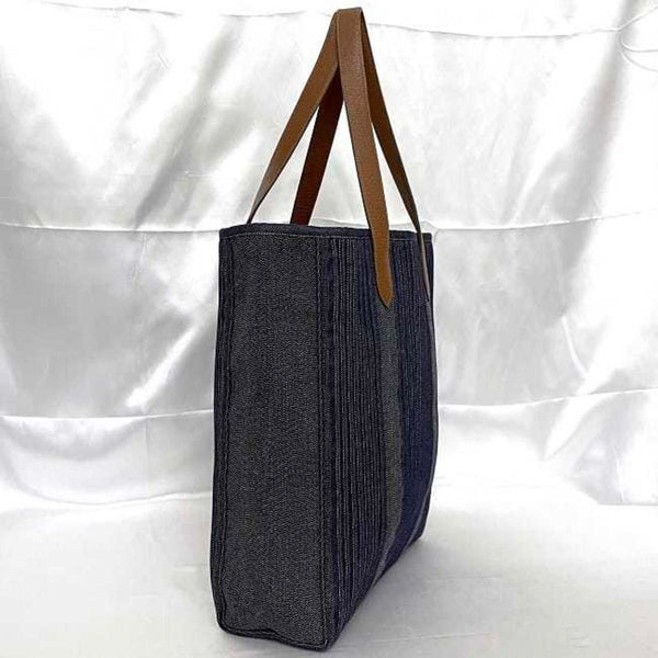 Hermes Tote Bag Calicut Denim Navy Brown Canvas Leather □L Stamp HERMES Unisex