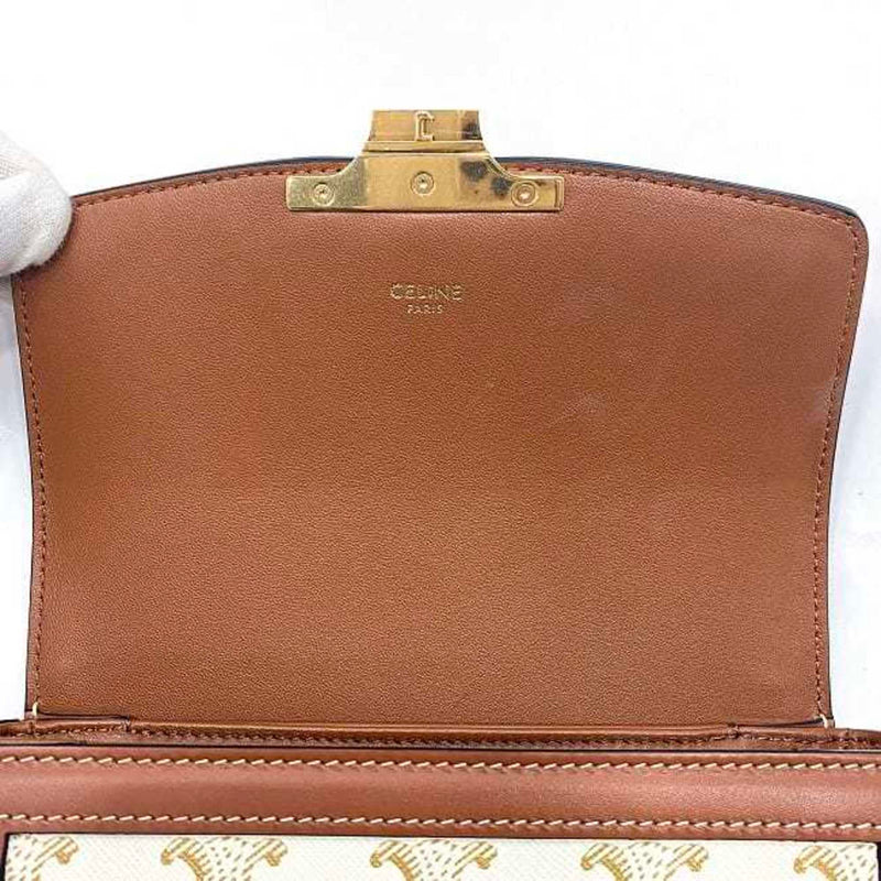 Celine Shoulder Bag f-21151 White Brown Triomphe 188882 Flap PVC Leather CELINE Women's Compact