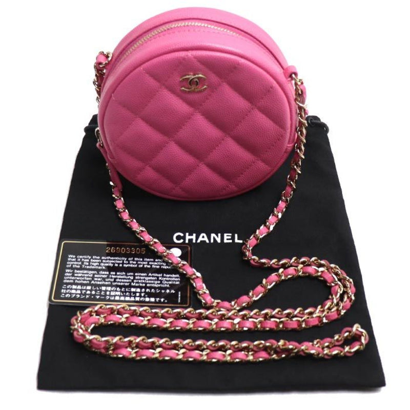 CHANEL Matelasse Round Chain Shoulder Bag Pink Caviar Skin Ladies