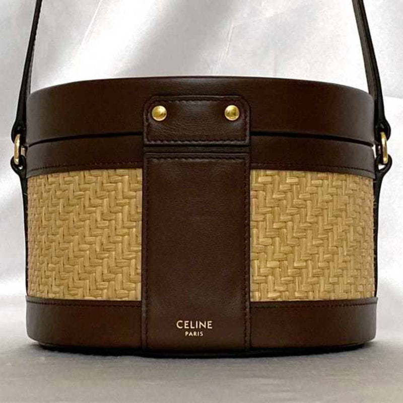 Celine Tambour Shoulder Bag f-21487 Beige Brown Triomphe Bucket Straw Leather CELINE Round Cylinder Shape Women's