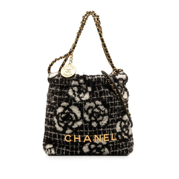 Chanel Camellia Coco Mark Chain Tote Bag Shoulder Black White Cotton Women's CHANEL