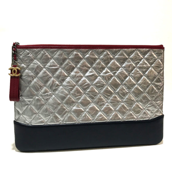 CHANEL A84288 CC Coco Mark Matelasse Metallic Gabriel Pouch Clutch Bag Leather Women's Silver x Navy Red