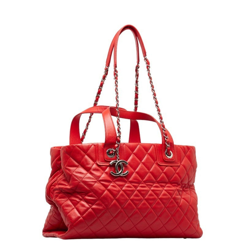 Chanel Coco Mark Matelasse Chain Shoulder Bag Tote Red Silver Leather Women's CHANEL