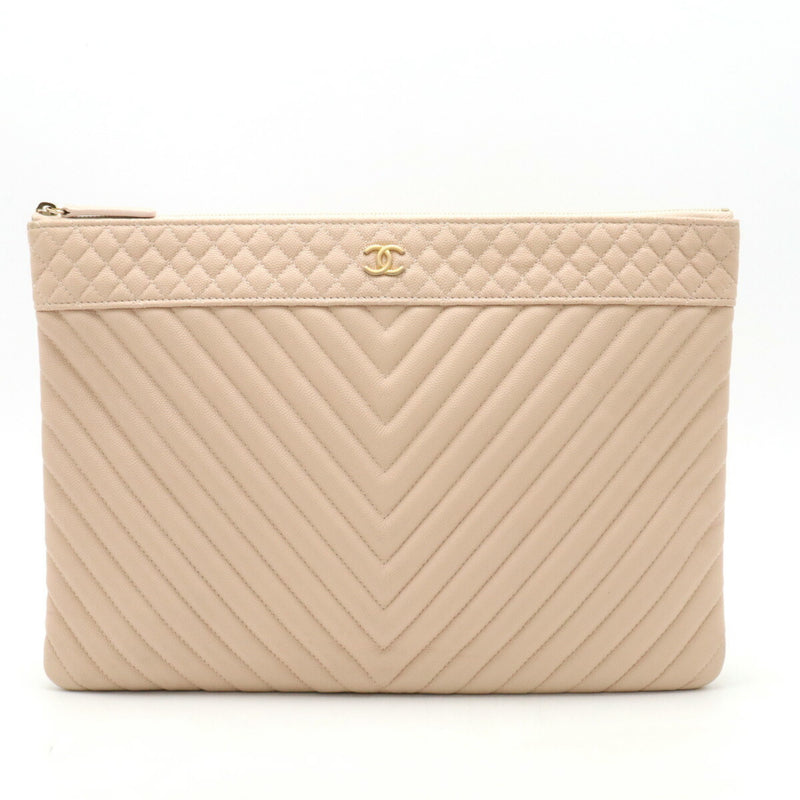 CHANEL Chevron V-stitch Coco Mark Clutch Bag Second Caviar Skin Leather Baby Pink A69251