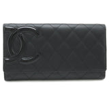 CHANEL Cambon Line Coco Mark W Long Wallet Double Bi-fold Leather Enamel Black Pink 6643