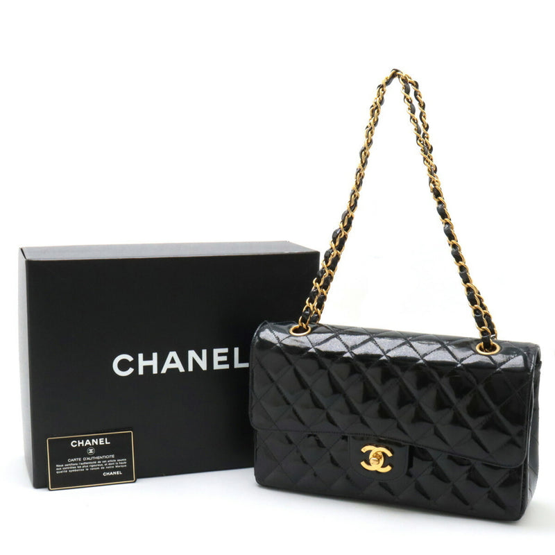 CHANEL Chanel Matelasse 25 Coco Mark Double Chain Shoulder Bag Patent Leather Enamel Black