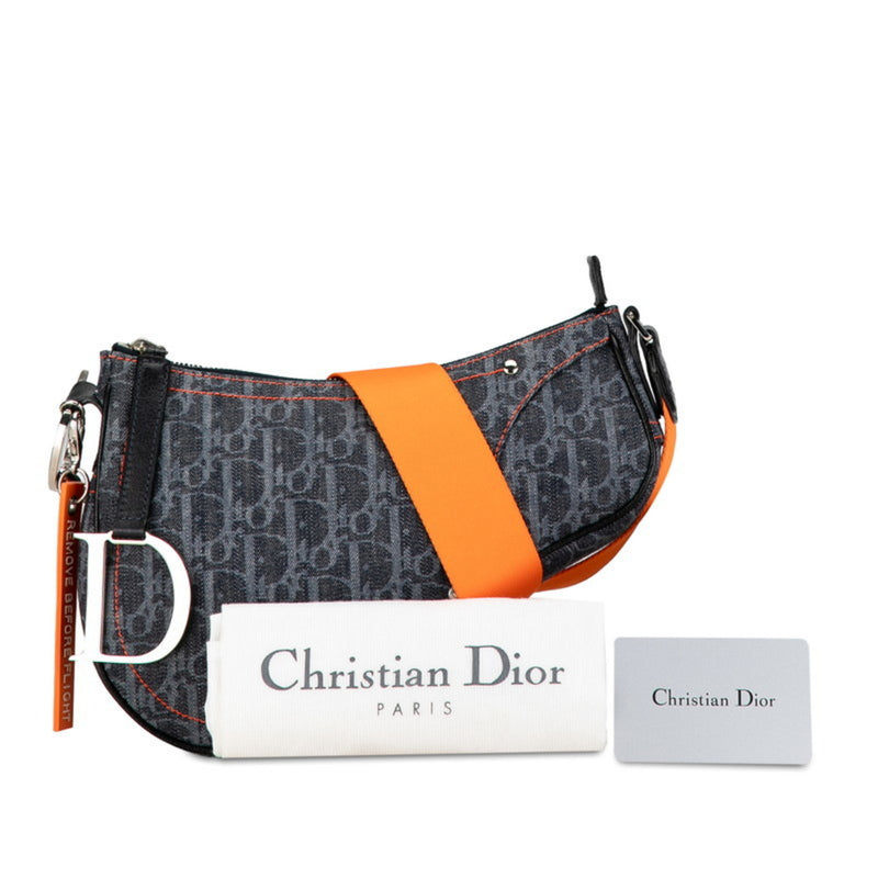 Christian Dior Dior Trotter Saddle Flight Line Shoulder Bag Indigo Blue Orange Canvas Women's