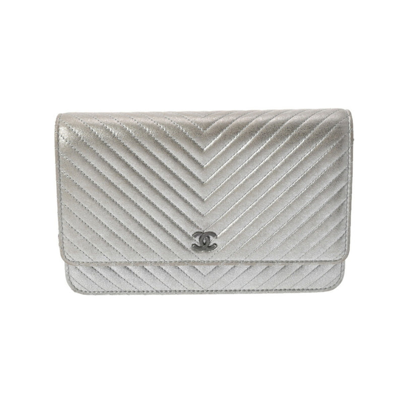 CHANEL V-stitch chain wallet, silver, women's lambskin shoulder bag