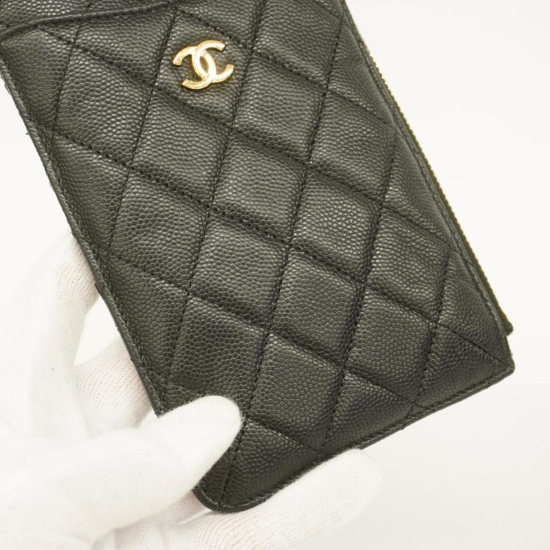 Chanel Long Wallet Matelasse Caviar Skin Black Champagne Women's