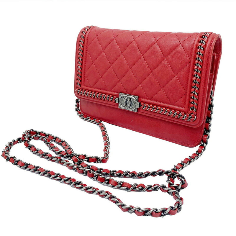 CHANEL Boy Chanel Chain Wallet Shoulder Bag Red S Hardware Lambskin Ladies