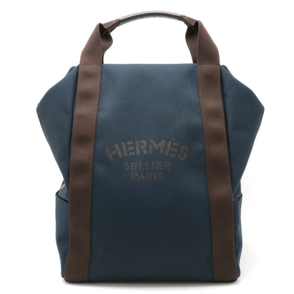 HERMES Sac de Pansage Groom Backpack Rucksack Canvas Leather Navy Dark Brown