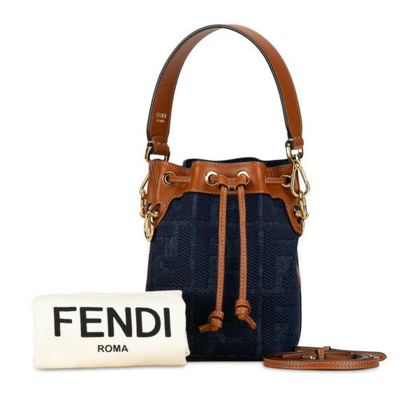 FENDI ZUCCA MONTRESOR HANDBAG SHOULDER BAG 8BS010 NAVY BROWN DENIM LEATHER WOMEN'S