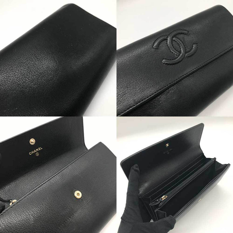 CHANEL Long Wallet Bifold Black Here Mark Ladies Leather