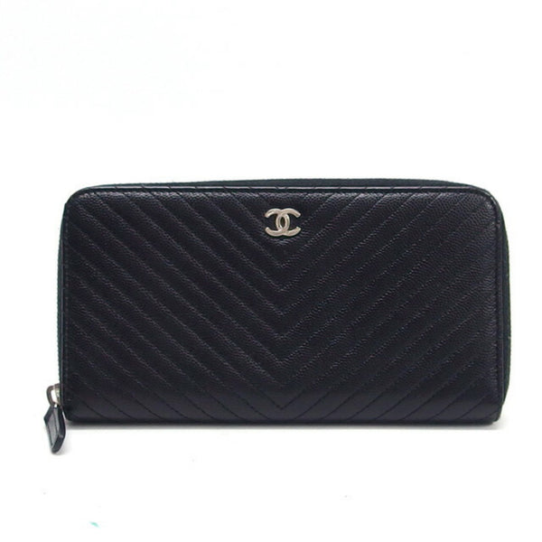 Chanel Chevron Stitch Caviar Skin Round Long Wallet Black