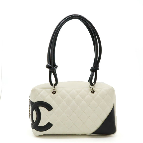 CHANEL Cambon Line Bag Bowling Shoulder Leather White Black A25171