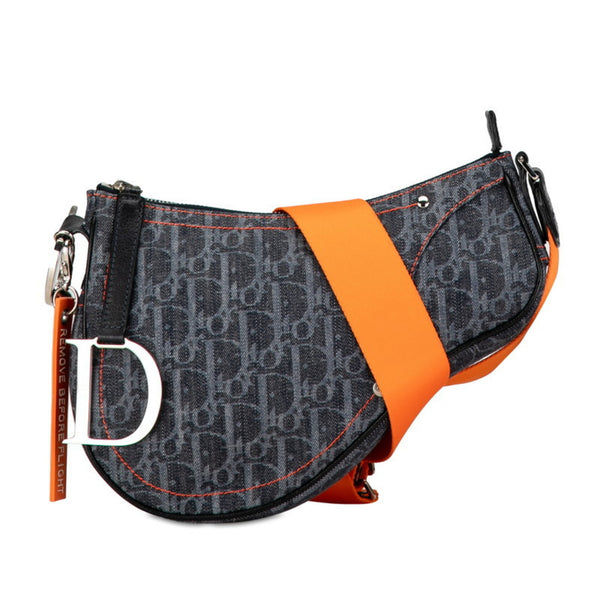 Christian Dior Dior Trotter Saddle Flight Line Shoulder Bag Indigo Blue Orange Canvas Women's