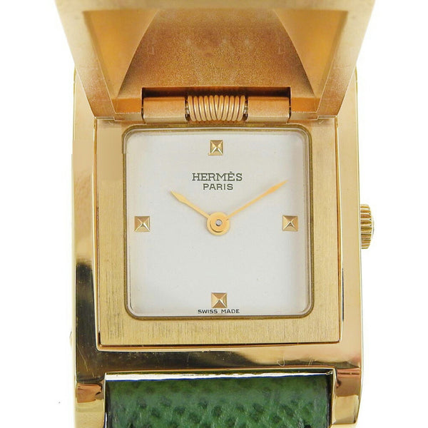 Hermes HERMES Medor Watch Gold Plated x Leather 1994 Green 〇X Quartz Analog Display White Dial Ladies