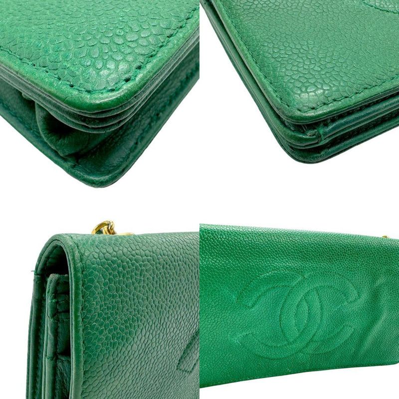 CHANEL Chain Wallet Coco Mark Caviar Skin Leather Green Women's n0053