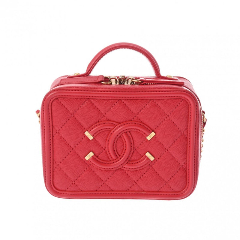 CHANEL CC Filigree Small Vanity Chain Shoulder Bag Red A93343 Women's Caviar Skin Handbag