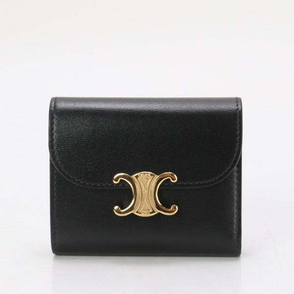 Celine Triomphe Leather Tri-fold Wallet Black Compact Women's