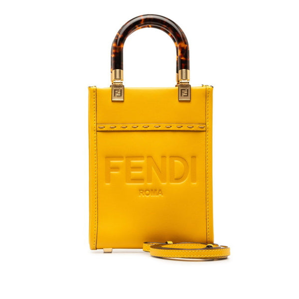 FENDI Sunshine Shopper Small Handbag Shoulder Bag 8BS051 Yellow Leather Women's