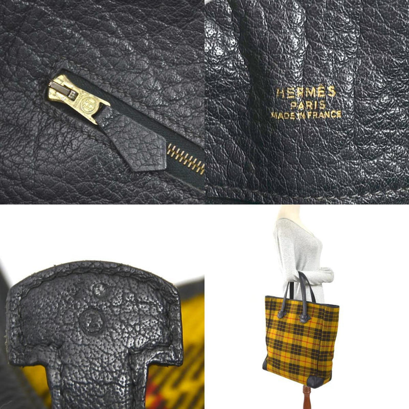 HERMES Handbag Victoria Cabas 35 Wool/Leather Black x Yellow Unisex