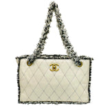 CHANEL Coco Mark Matelasse Chain Tote 15 Series Tweed Leather Bag Women's Beige Black