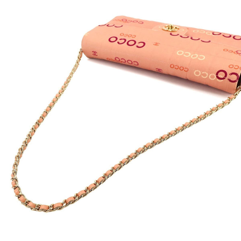 CHANEL Chocolate Bar Chain Shoulder Bag Canvas Leather Pink Gold Metal Fittings