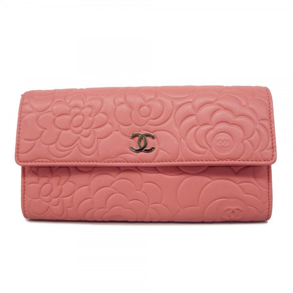 Chanel long wallet camellia leather pink ladies