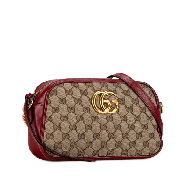 Gucci GG Marmont Canvas Small Shoulder Bag 447632 Red Beige Leather Women's GUCCI