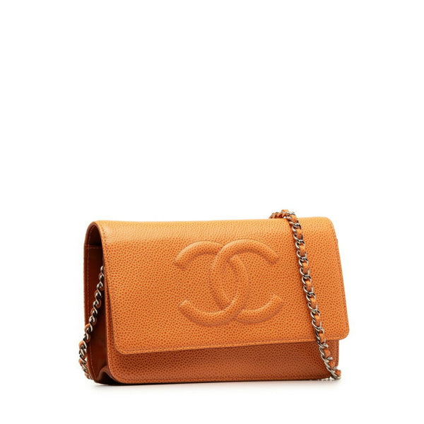 Chanel Coco Mark Chain Wallet Shoulder Bag Orange Silver Caviar Skin Women's CHANEL