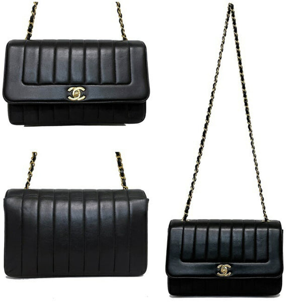 Chanel Chain Shoulder Bag Black Mademoiselle Single Flap Lambskin No Seal CHANEL Coco Mark Turn Lock Quilted Stripe Ladies