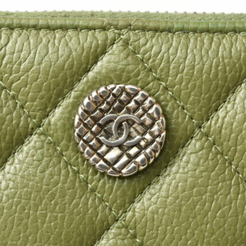 CHANEL Wallet Round Medium Quilted Matelasse Caviar Skin Moss Green