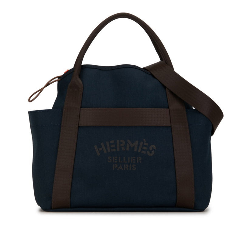 Hermes Sac de Pansage Groom Tote Bag Handbag Shoulder Navy Brown Canvas Leather Women's HERMES