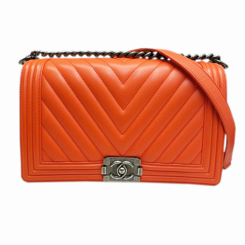 CHANEL Boy Chanel Chain Shoulder Bag Leather Orange V Stitch 23 Series