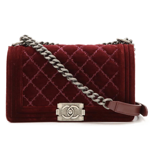 CHANEL Boy Chanel Matelasse Coco Mark Chain Shoulder Bag Velour Leather Wine Red