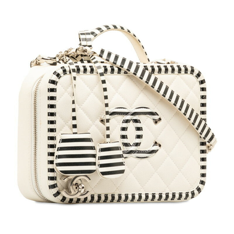 Chanel CC Filigree Chain Shoulder Bag Vanity White Black Canvas Women's CHANEL