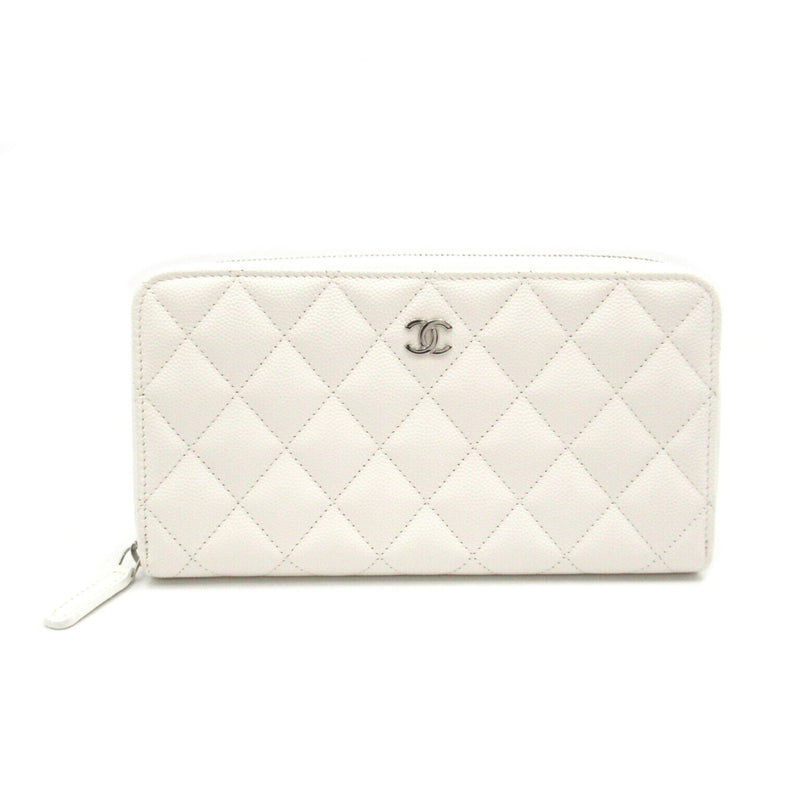 CHANEL Matelasse Round Long Wallet Caviar Skin (Grained Calf) Men's Women's White