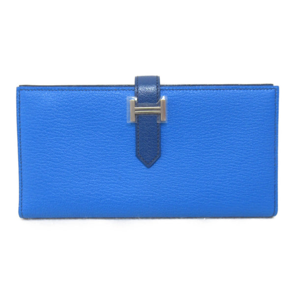 HERMES Bearn Souffle Bifold Long Wallet Blue Shave leather