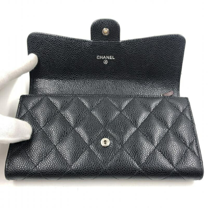 CHANEL Caviar Skin Matelasse Timeless Classic Flap Long Wallet Black A80758