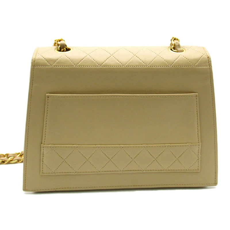 CHANEL Chain Shoulder Bag Leather Women's Beige